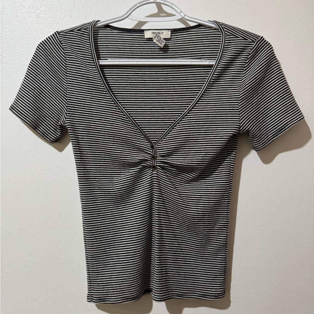 Forever 21 Black and White Striped V-Neck Tee